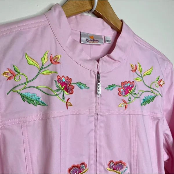 Vintage Quacker Factory Floral Embroidered Zip Up Jacket Women’s Size Large Pink - Image 2