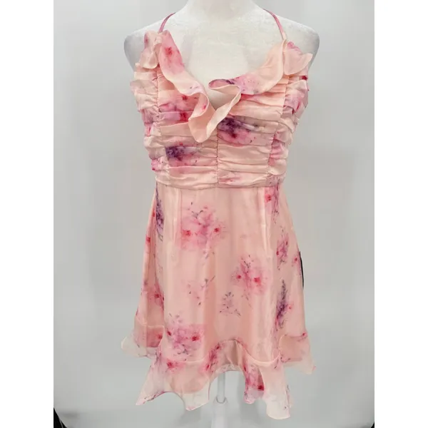 Lulu’s Pink Floral Fairy Ruffle Mini Party Dress Ruched Bodice Medium NEW - Image 3