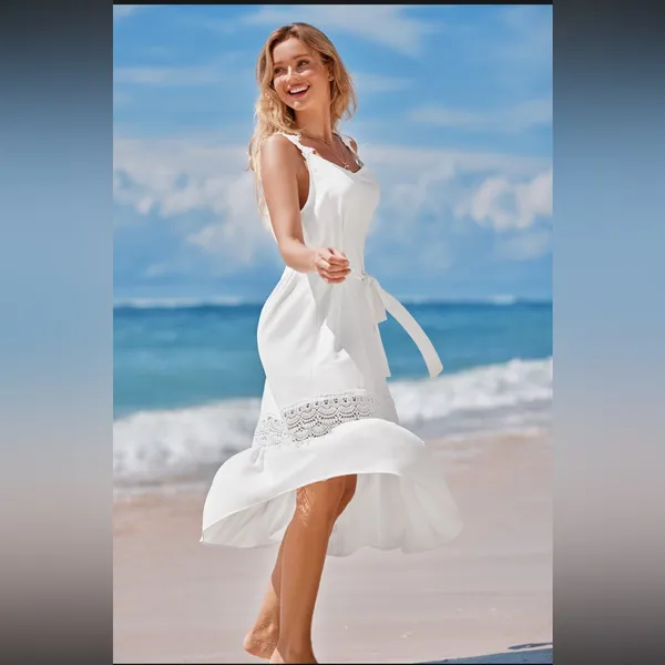 Cupshe Powder Lace & Tie Midi Summer Dress White Small NWT Minimalist Vacay Feminine - Image 3