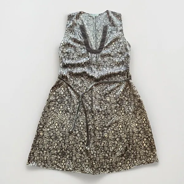 Beth Bowley 100% Silk Dress Geometric Lace Print Velvet Trim Belted Womens Size - Image 3