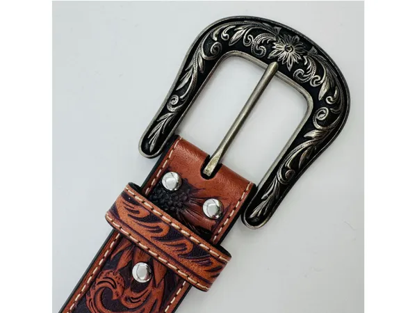 NWOT Women's Nocona Western Sunflower Embossed Leather Belt Brown Silver - Image 3