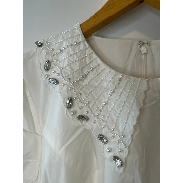 Anthropologie BHLDN Pearl Crystal Collar Puff Sleeve Ivory Mini Dress M‎ - Image 6