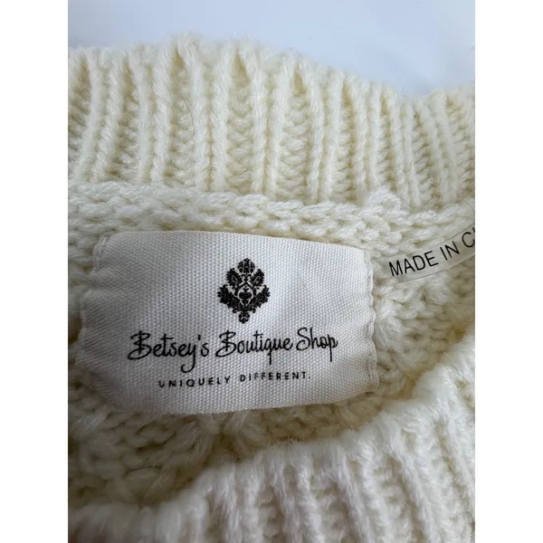 Betsey's Boutique Shop Striped Open Knit Crewneck Sweater Cream XL 54681 - Image 3