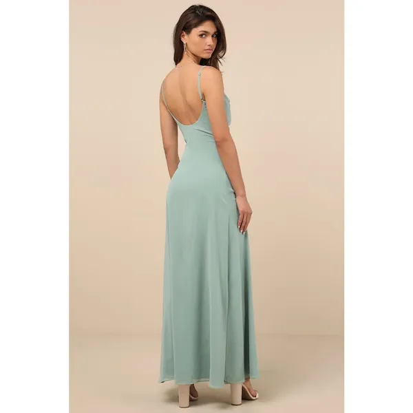 NWT Lulus Eliora Sage Green Lace Cowl Neck Chiffon Maxi Dress Bridesmaid Satin L - Image 2