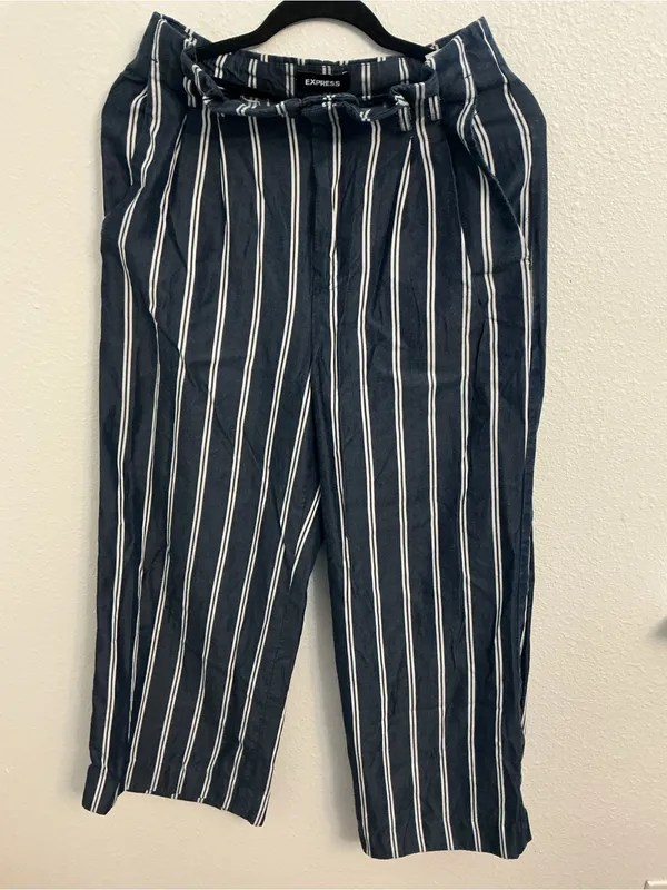 Express High Rise Wide Leg Striped Pants Size 6S Blue White - Image 4