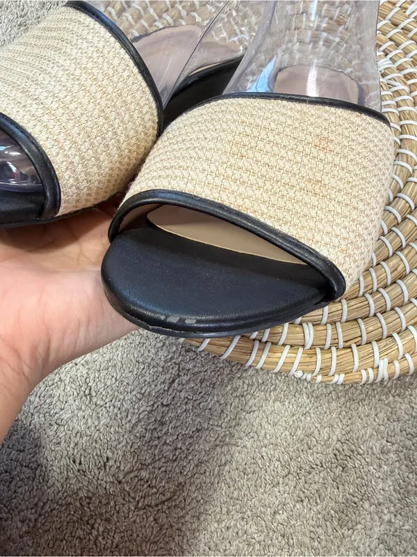 Ann Taylor Factory Women’s Slip-On Leather Raffia Wedge Sandals in Black Cream 8 - Image 10