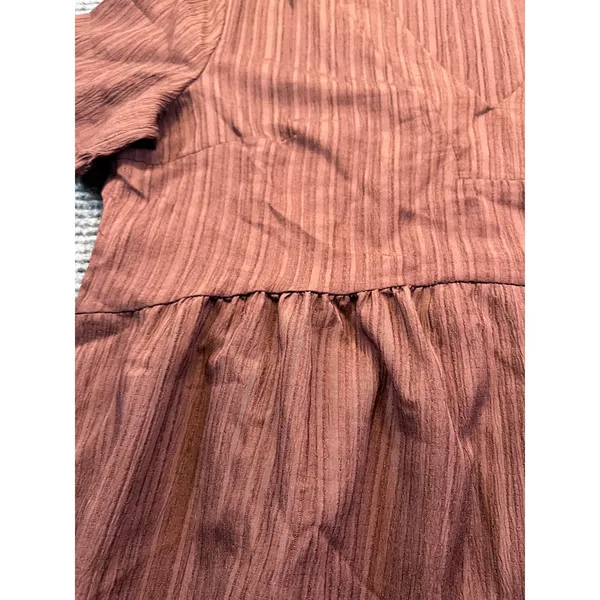 Brown V-Neck Babydoll Tiered‎ Short Sleeve Mini Dress Boho Relaxed Fit Large - Image 4