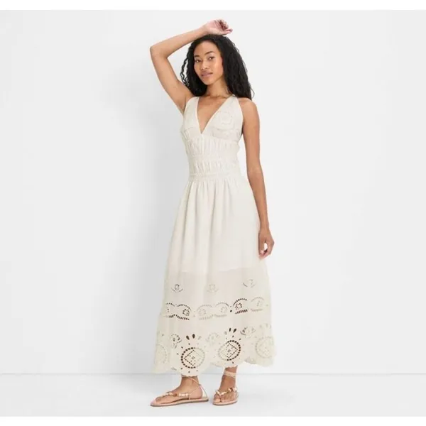 ✨Future Collective - Women's Eyelet Maxi A-Line Cream Sz Large Dress✨ - Image 3