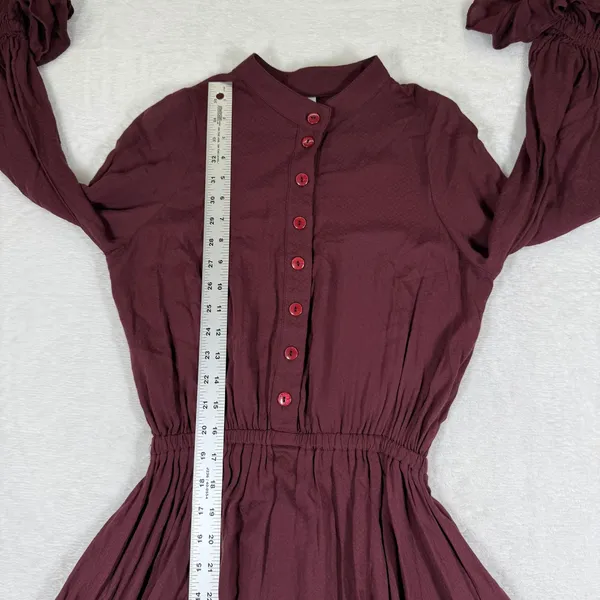 Rachel Pally Burgundy Ruffle Bell Sleeve Mini Dress XS Maroon Button Front‎ Boho - Image 7