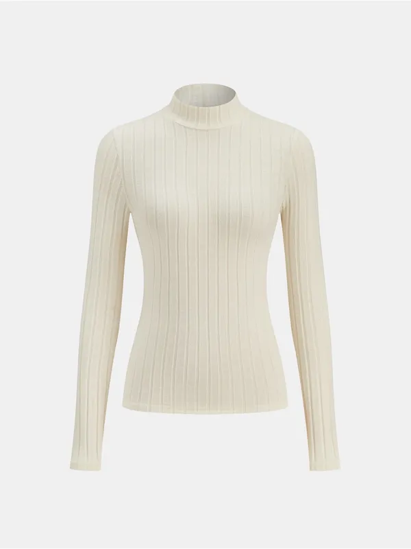Commense Mock Neck Ribbed Knit Top Apricot Cream XL Stretch Long Sleeve NWT - Image 2