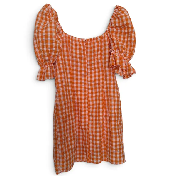 Orange Gingham Puff Sleeve Bustier Bodycon Mini Dress Sweetheart Neck Large - Image 4