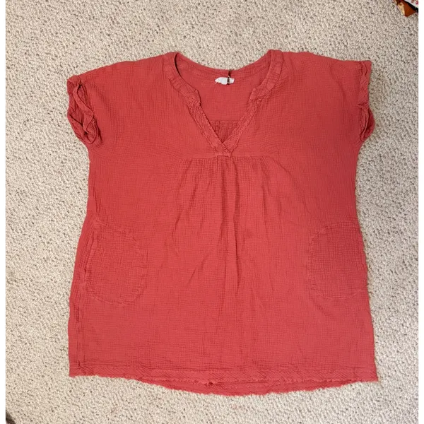 Boho Cotton Gauze Babydoll Dress Rust Coral Earthy Cottagecore Pockets 1X Entro - Image 7