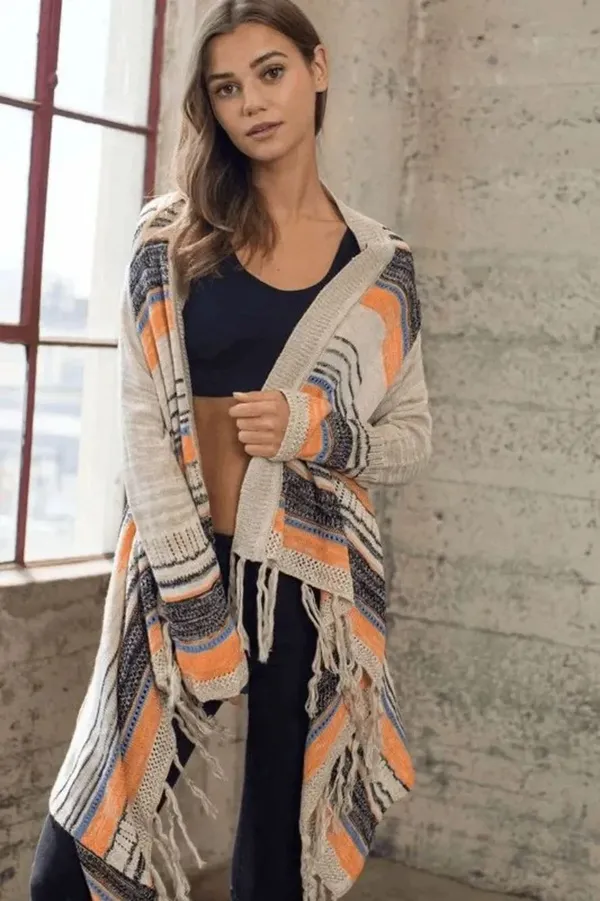 Umgee Striped Boho Fringe Hem Open Cardigan Tan Orange Black - Image 8