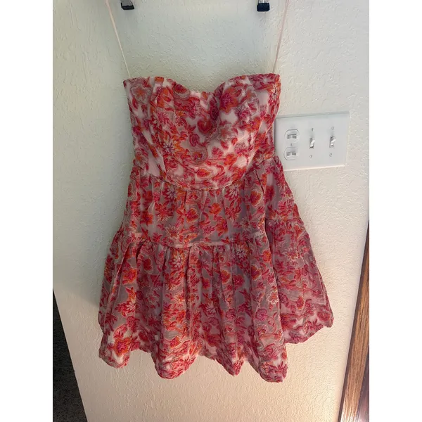 MAEVE Jaquard Strapless Mini Dress in Pink Combo Size Medium - Image 4