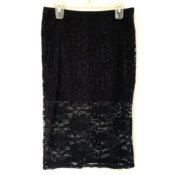 Black Floral Lace Pencil Midi Skirt XL Sheer Stretch Lined - Image 5