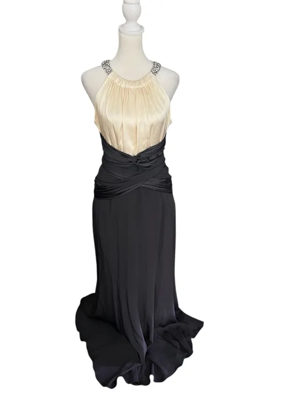 Rickie Freeman Teri Jon 100% Silk Jeweled Halter Black Ivory Formal Gown 6 - Image 2