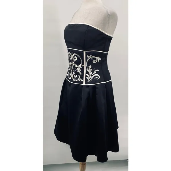 Vintage Y2k Jessica McClintock Satin Cocktail Dress Strapless Fit & Flare Black - Image 8
