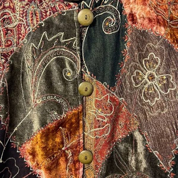Vintage Womens Artsy Velvet Denim Patchwork Tapestry Jacket Size S Boho - Image 3