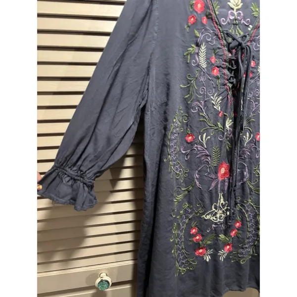 Umgee Embroidery Floral 3/4 Ruffle Sleeve Lace Up‎ Blouse Size S Boho - Image 3