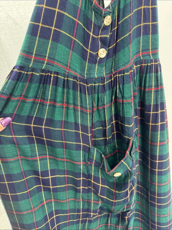 S.Roberts Green and Navy Plaid jumper Midi Dress drop pockets school girl vtg M - Image 5