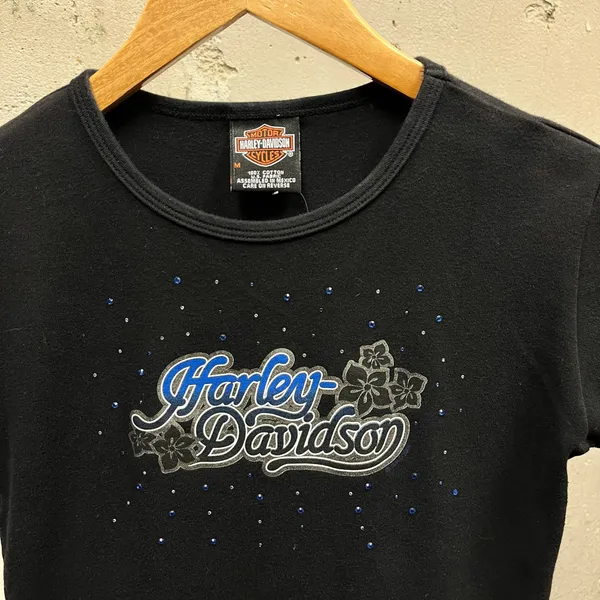 Harley Davidson Black Rhinestone Detail Short Sleeve Blue Logo Baby Tee Medium M - Image 2
