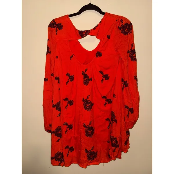 Free People Orange Embroidered Floral Mini Dress Back Cutout XS Whimsigoth Boho - Image 7