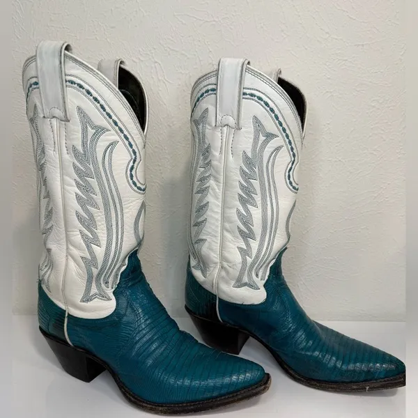 Justin Boots Vintage White Teal Western Cowgirl Boots Lizard Stitch 6.5 RARE - Image 3