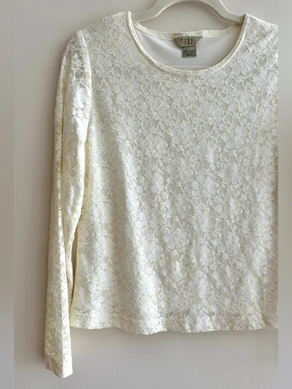 TEDDI Long Sleeve Floral Lace Sequin Blouse, White/Yellow, Size Small - Image 2