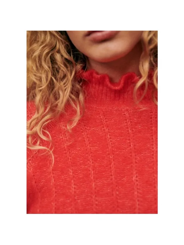 SEZANE Bright Red Mohair Merino Wool Knit Ruffle High Neck Sweater Loris Jumper - Image 7
