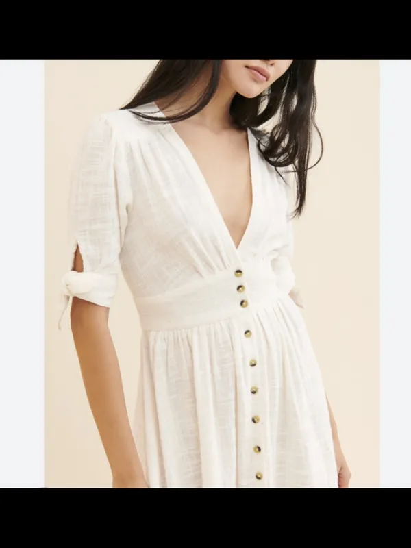 Free People Cream Button-Down V-Neck Midi Dress Large - Image 3
