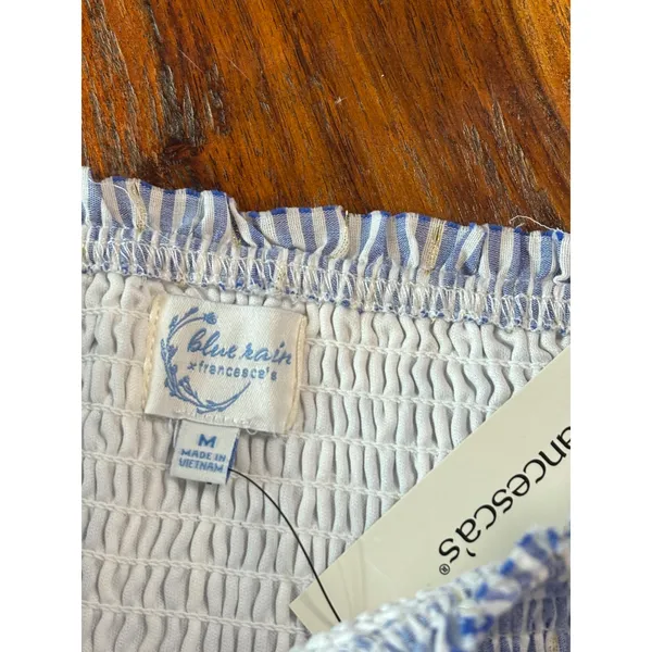 Francescas Blue Rain Striped Smocked Tiered Ruffle‎ Mini Skirt Blue White Gold M - Image 7
