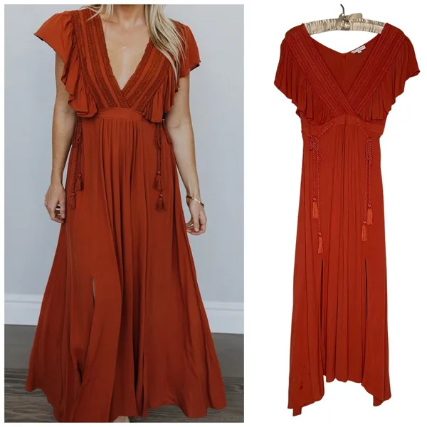 Baltic Born S Babydoll Maxi Dress Rust Tassel Ruffle Boho Rayon Lined Split‎ Hem - Image 2