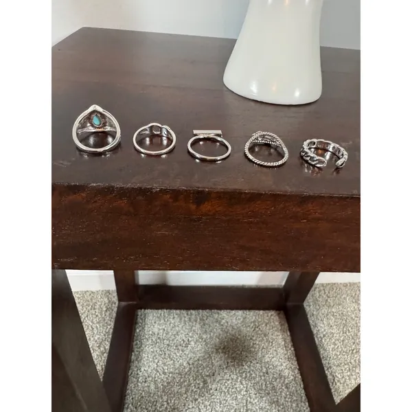 Silver Tone Jewelry Lot 5 Rings Sz 7 1 Pair Boho Drop Earrings Sun Moon - Image 5