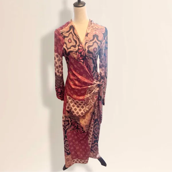MISA Los Angeles Multicolor Elixa Satin Patchwork Wrap Midi Dress Size Small - Image 4