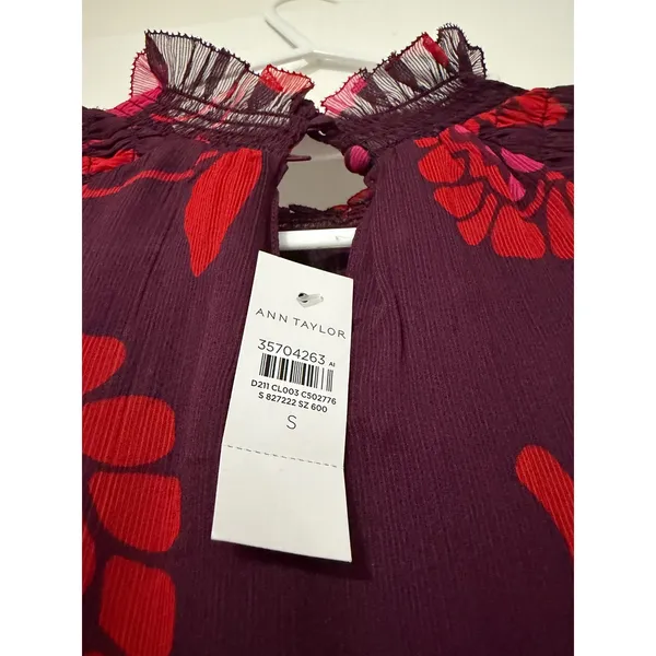 Ann Taylor Plum Red Floral Smocked Mock Neck Blouse Sheer Long‎ Sleeve NWT S - Image 5