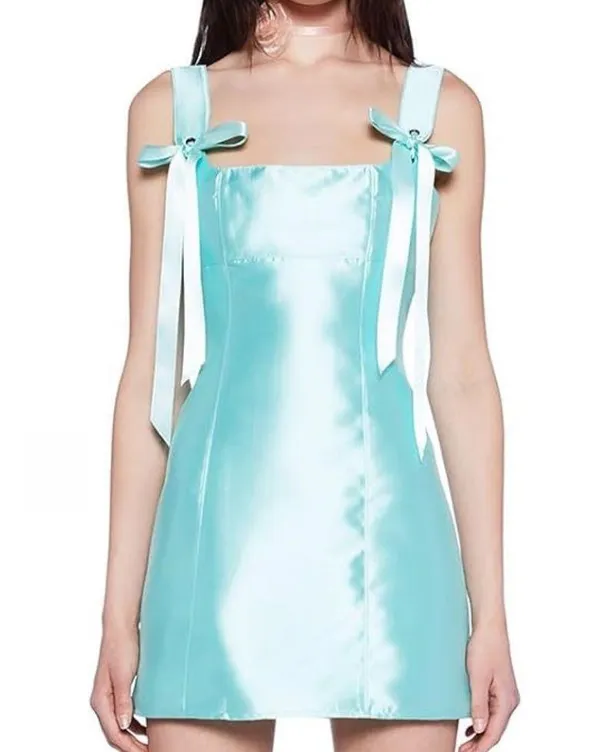 CURRENT MOOD Dolls Kill Pixie Stardust Satin Bow Straps Aqua Mini Dress Size S - Image 3
