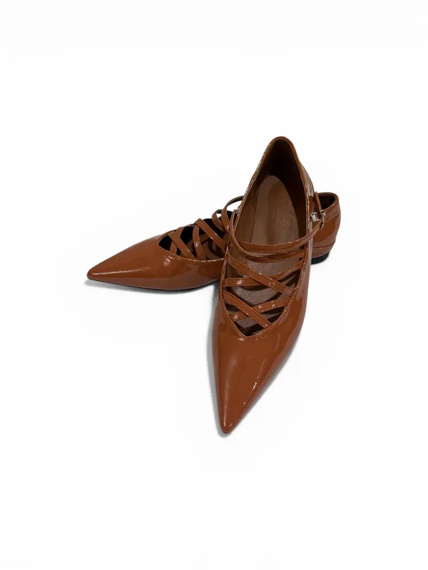 Women’s Pointed Toe Mary Jane Flats Brown Patent Crisscross Strappy Size 41 - Image 6