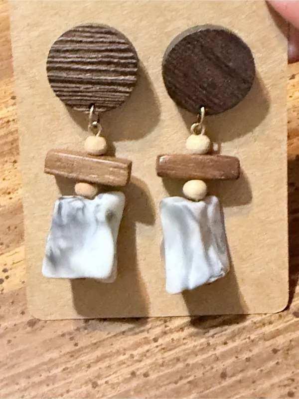 Handmade Wooden & Marbleized Drop Earrings - Brown and White - Image 5