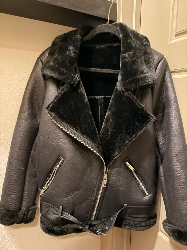 Black Faux Shearling Moto Coat - Image 2