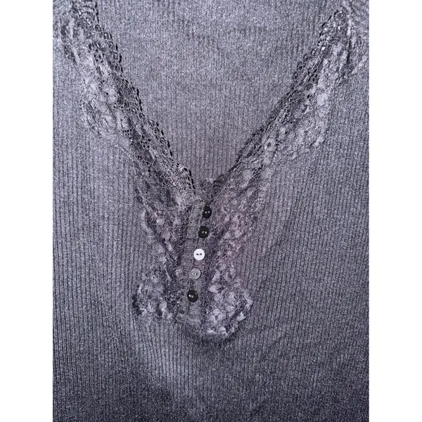 Maurices Grunge Black Ribbed‎ Lace Henley V-Neck Long Sleeve Top XXL Minimalist - Image 2