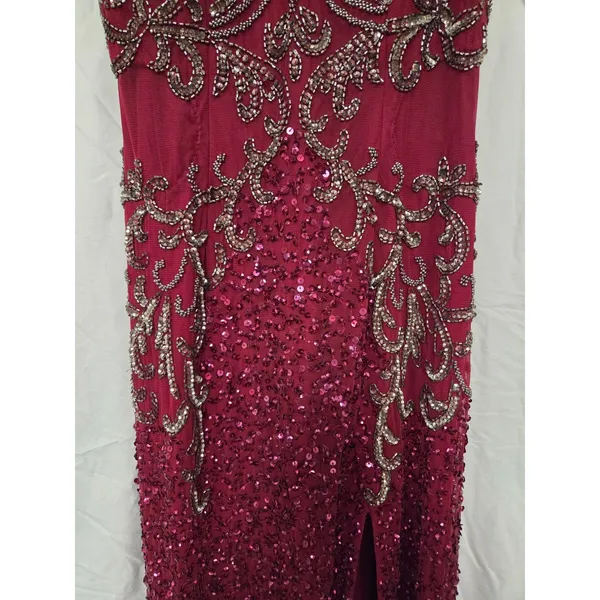 Zasa Chic by Karishma Creations Long Dark Red Hand Beaded Slit Pageant Dress 4 - Image 4