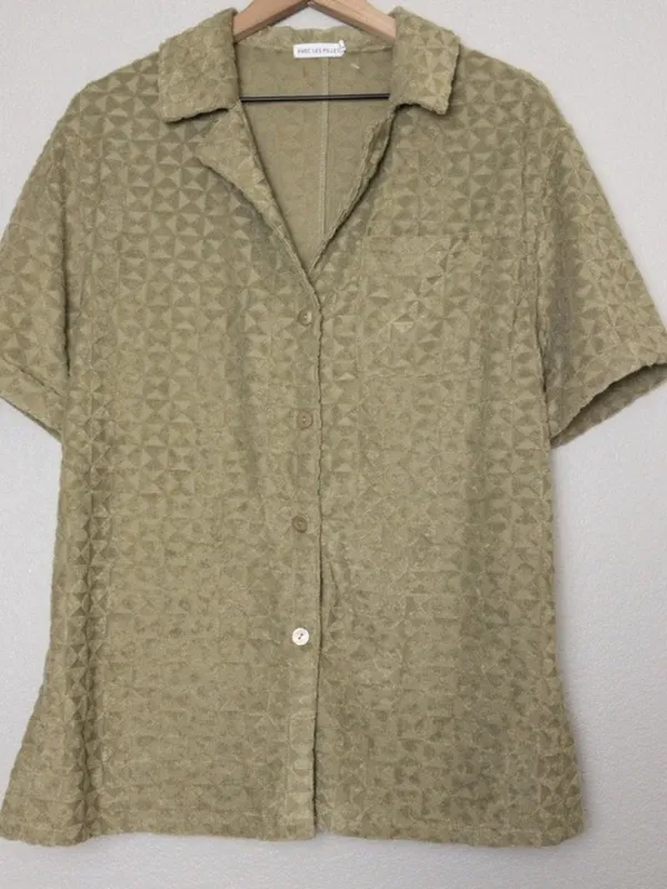 Avec Les Filles Textured Button Down Shirt S Triangle Terrycloth Olive Cover Up - Image 6