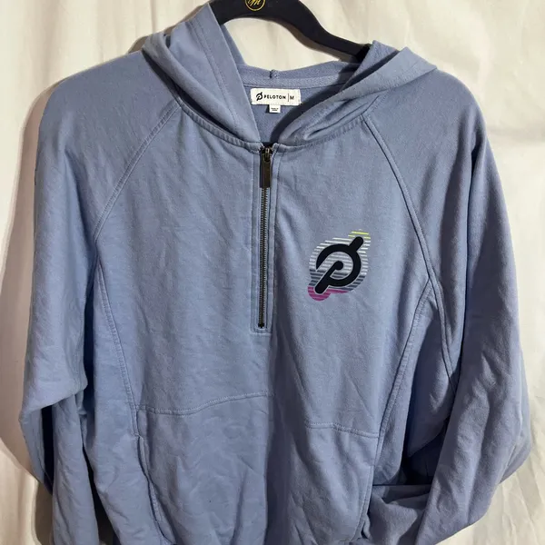 Peloton hoodie (t-shirt like material) blue with hood and front zip size Medium - Image 2
