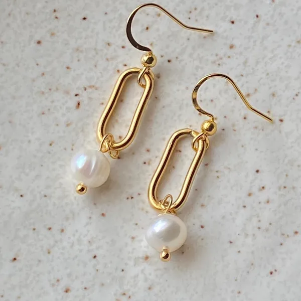 Handmade gold tone stainless steel natural shell pearls chic fairy boho vintage style dangle earrings💖 - Image 4