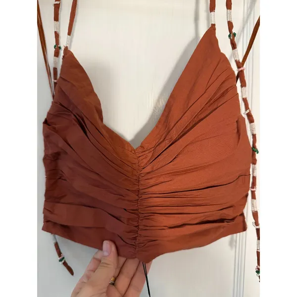 ZARA BEADED EMBROIDERED CROP TOP Brown Size Small NWT - Image 6