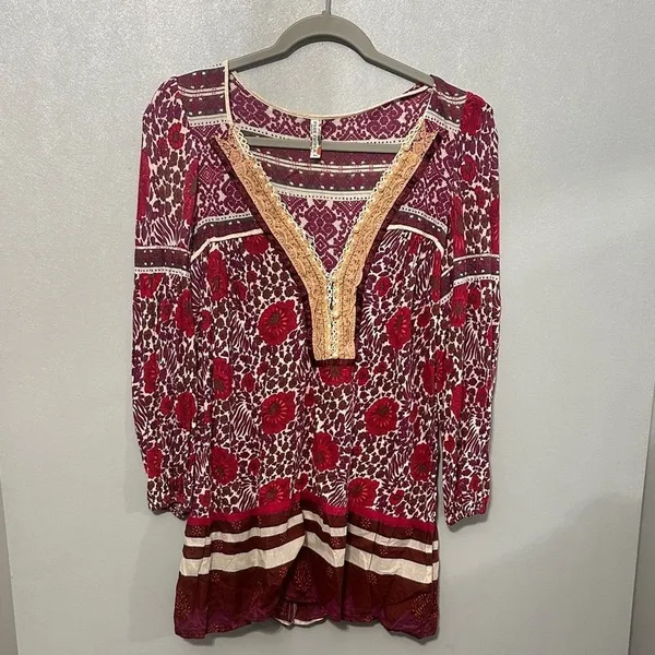 Free People Womens Tunic Top Boho Floral Lace Trim Burgundy Small - Image 2