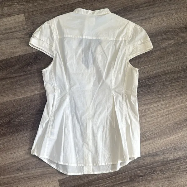 Anthro Cream Ruffled Mandarin Collar Blouse Modern button down Casual Top - Image 2
