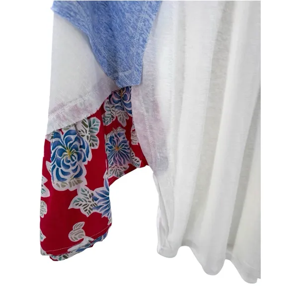 Kori America Colorblock Boho Top Blue‎ White Floral Patchwork Sleeves L - Image 5