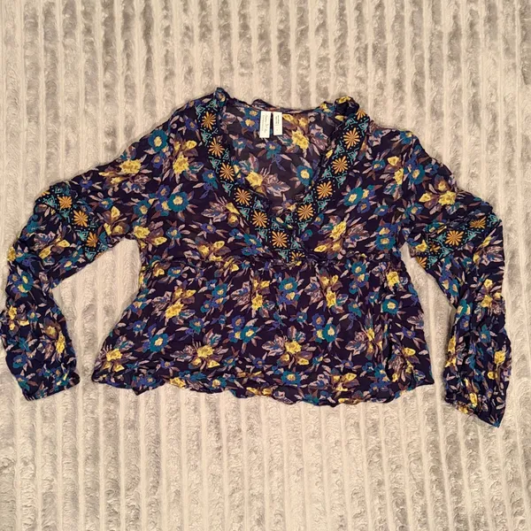 Meadow Rue Anthropologie Floral Embroidered Peplum Blouse Navy Blue‎ Small - Image 2