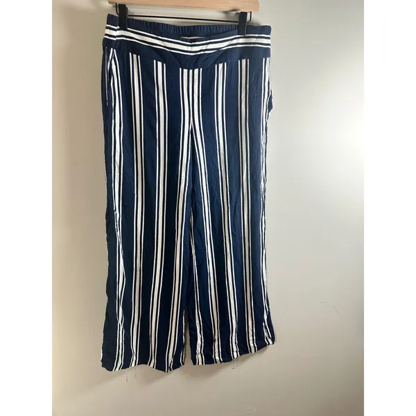 Adrienne Vittadini Navy White Striped Wide Leg Pants Viscose Coastal Size‎ 8 - Image 2